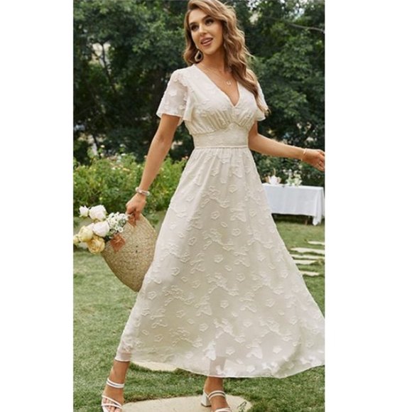 Simplee Apparel Dresses & Skirts - Simplee Women's V Neck Formal Maxi Ruffle Dress Long Flowy Bridesmaid Dress